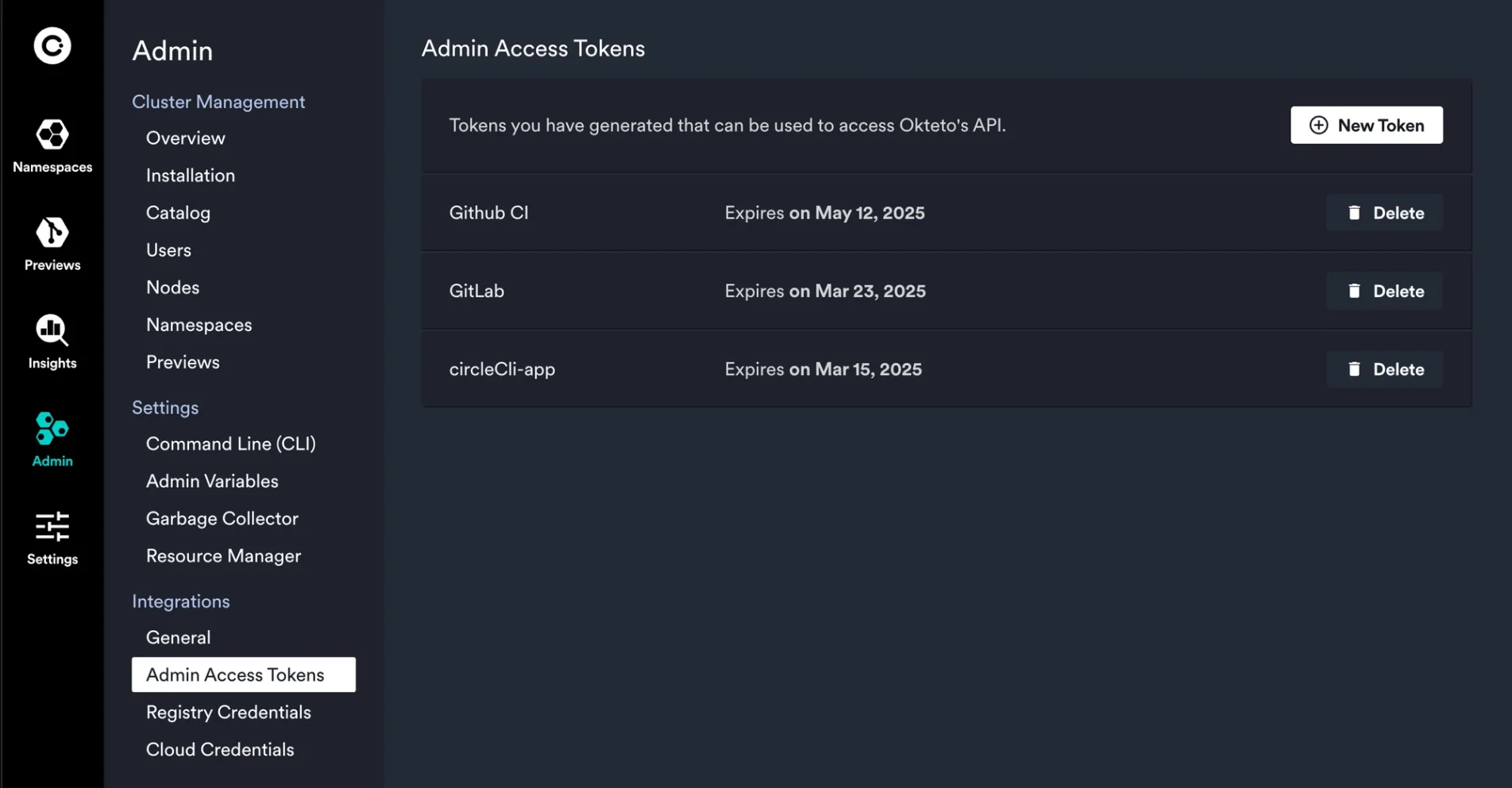 View of Okteto admin dashboard displaying admin access tokens setting