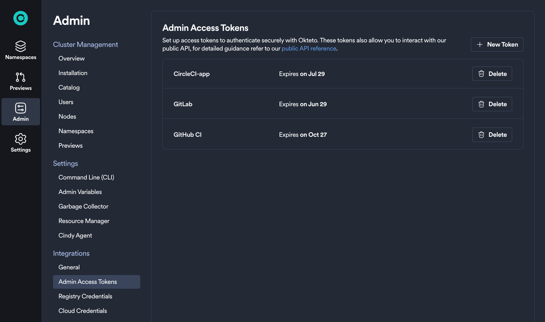 Admin Access Tokens view